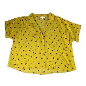 Abound Yellow Strawberry Print Button Up Shirt Short Sleeve Blouse Medium